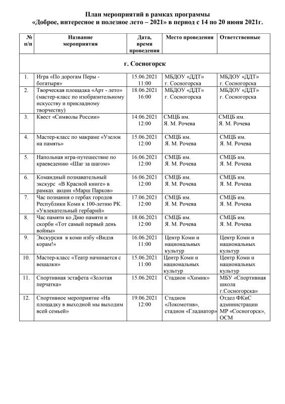 План мероприятий с 14 по 20 июня 2021г.