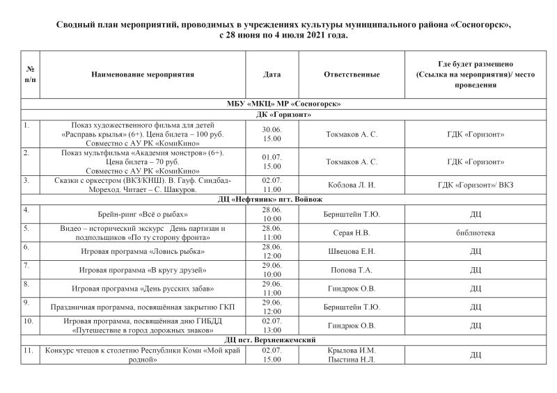 План мероприятий с  28 июня по 04 июля 2021г.